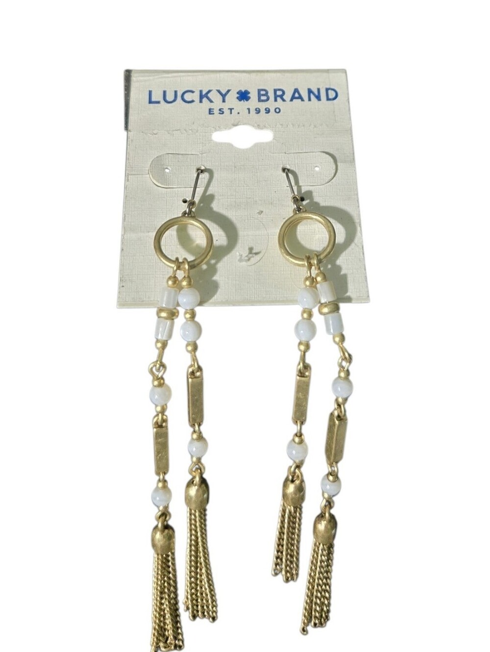Lucky Brand Gold and White Beaded Tassel Drop Earrings